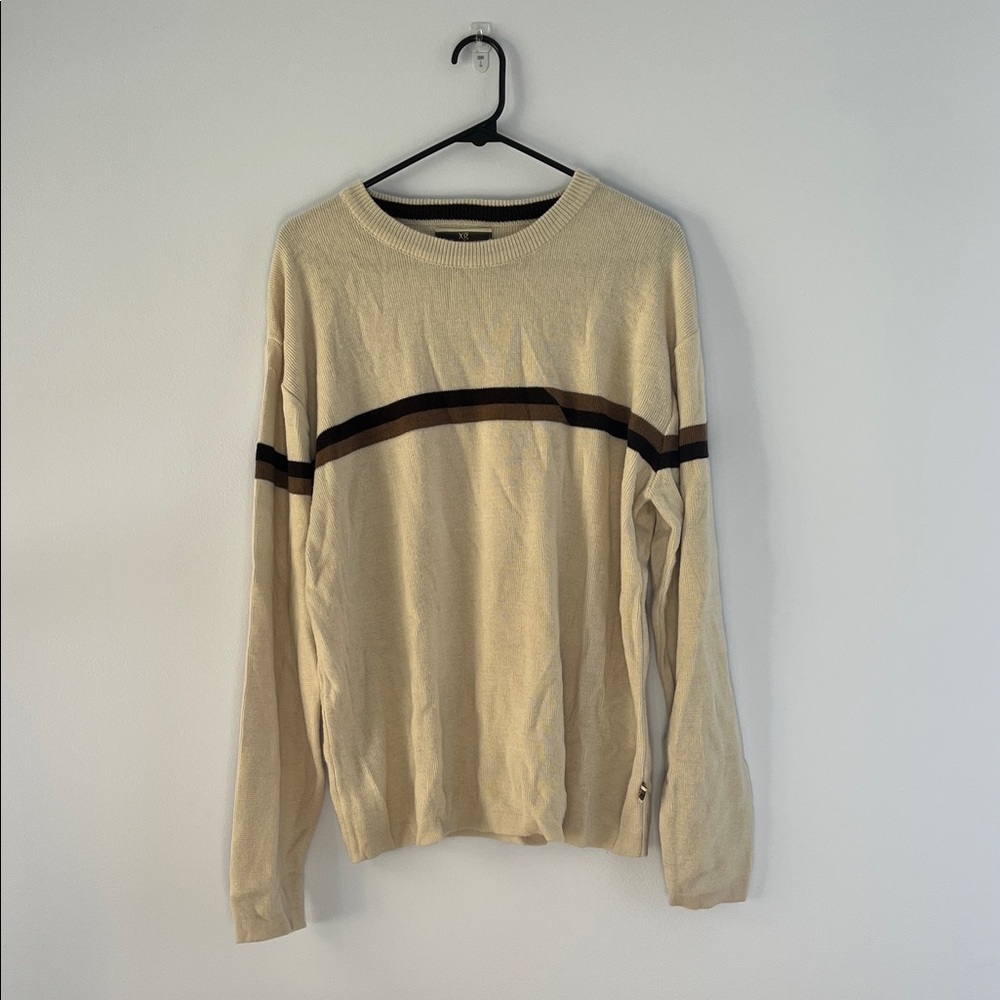 Beige Crewneck Sweater with Brown Stripe